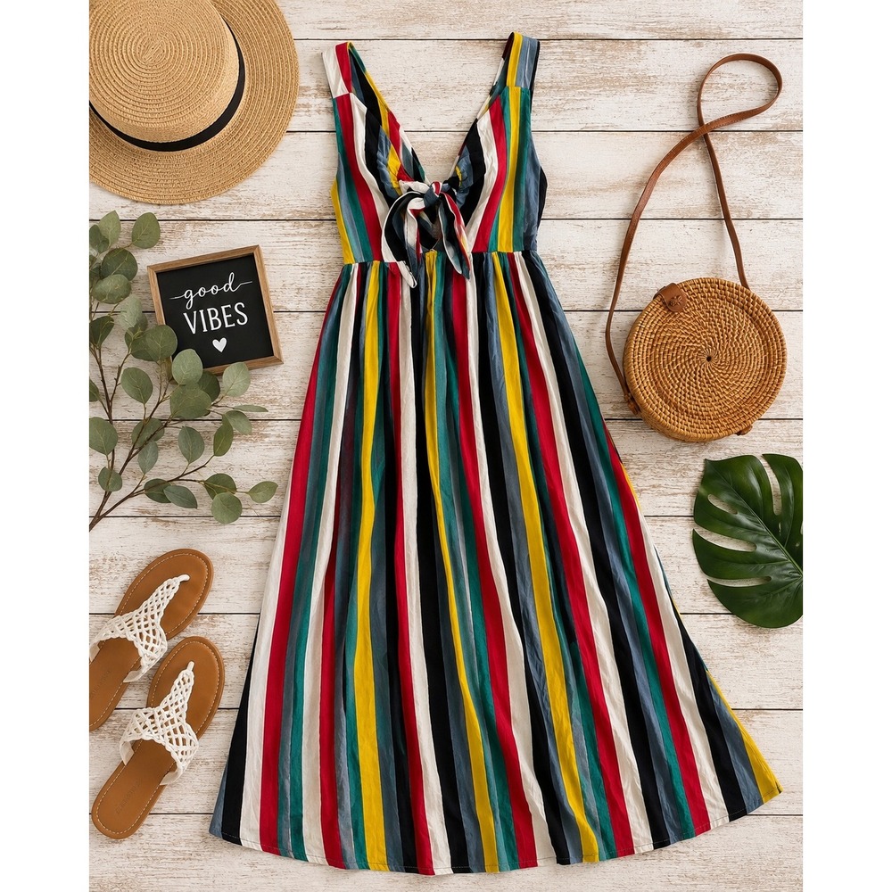 Cozy Casual Maxi Dress Rainbow Stripe Tie Front smocked S Multi Color Boho